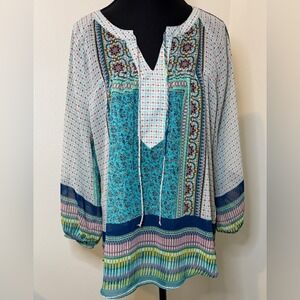 Fig and Flower‎ Womens Boho Patchwork Print Lace Back Split Neck Blouse Blue Med